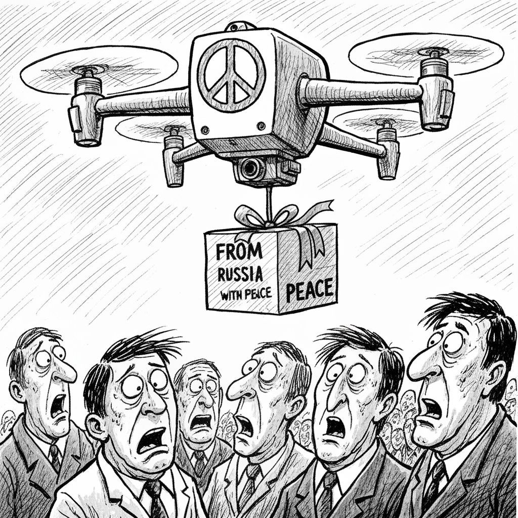 Satirical Drone Delivers 'Peace' Gift: A Cartoon Commentary