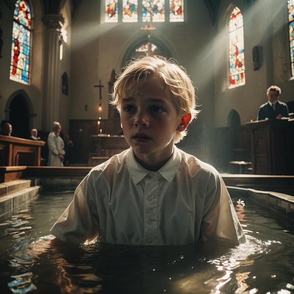Dramatic Baptism Scene in Moody Film Noir Style