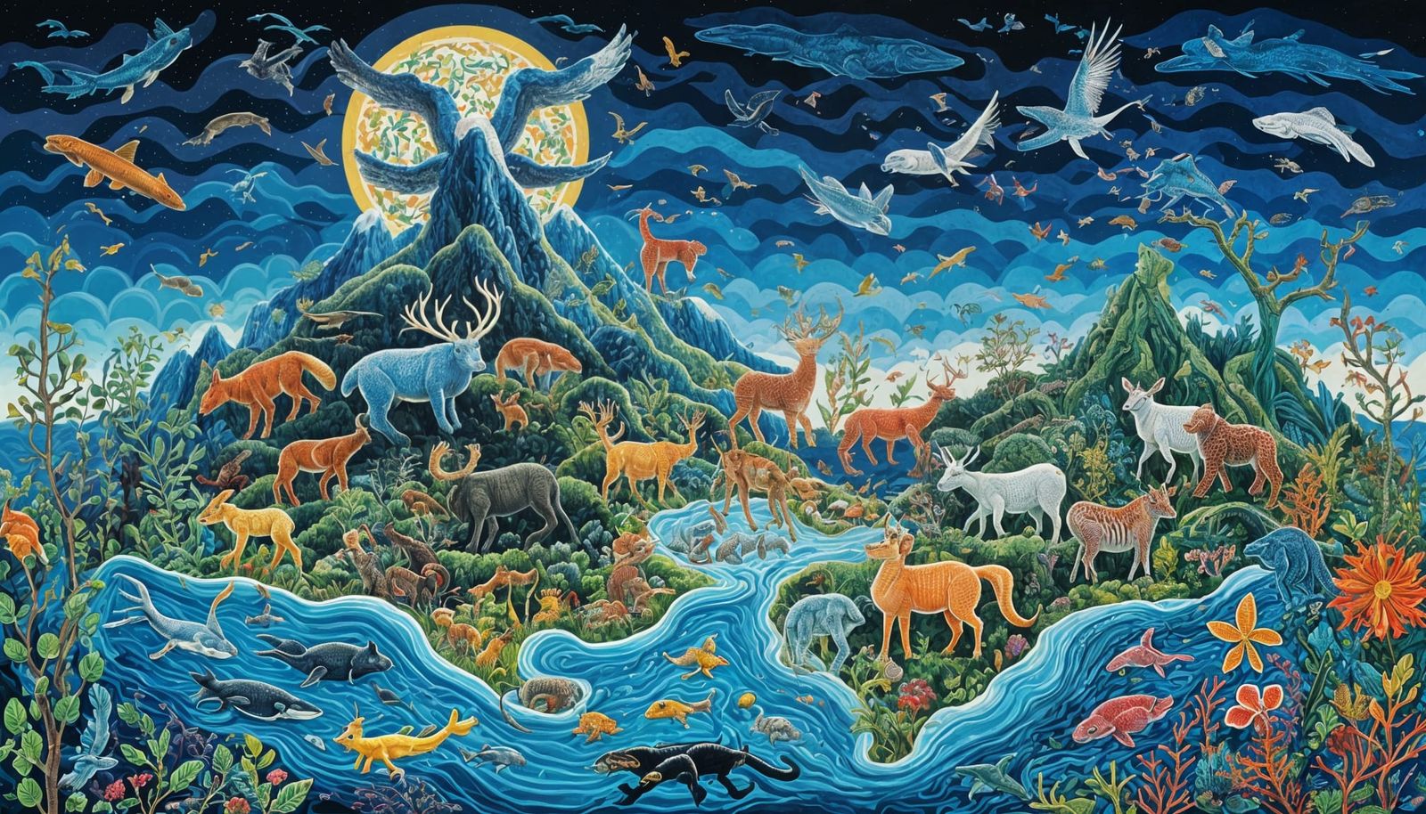Vivid Wildlife Map in Huichol Yarn Painting Style