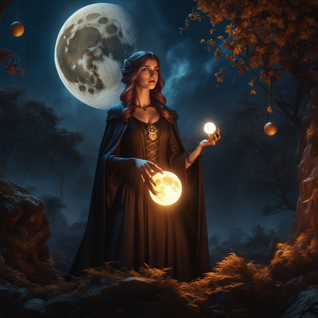 Young Witch Reciting Incantation Under Moon