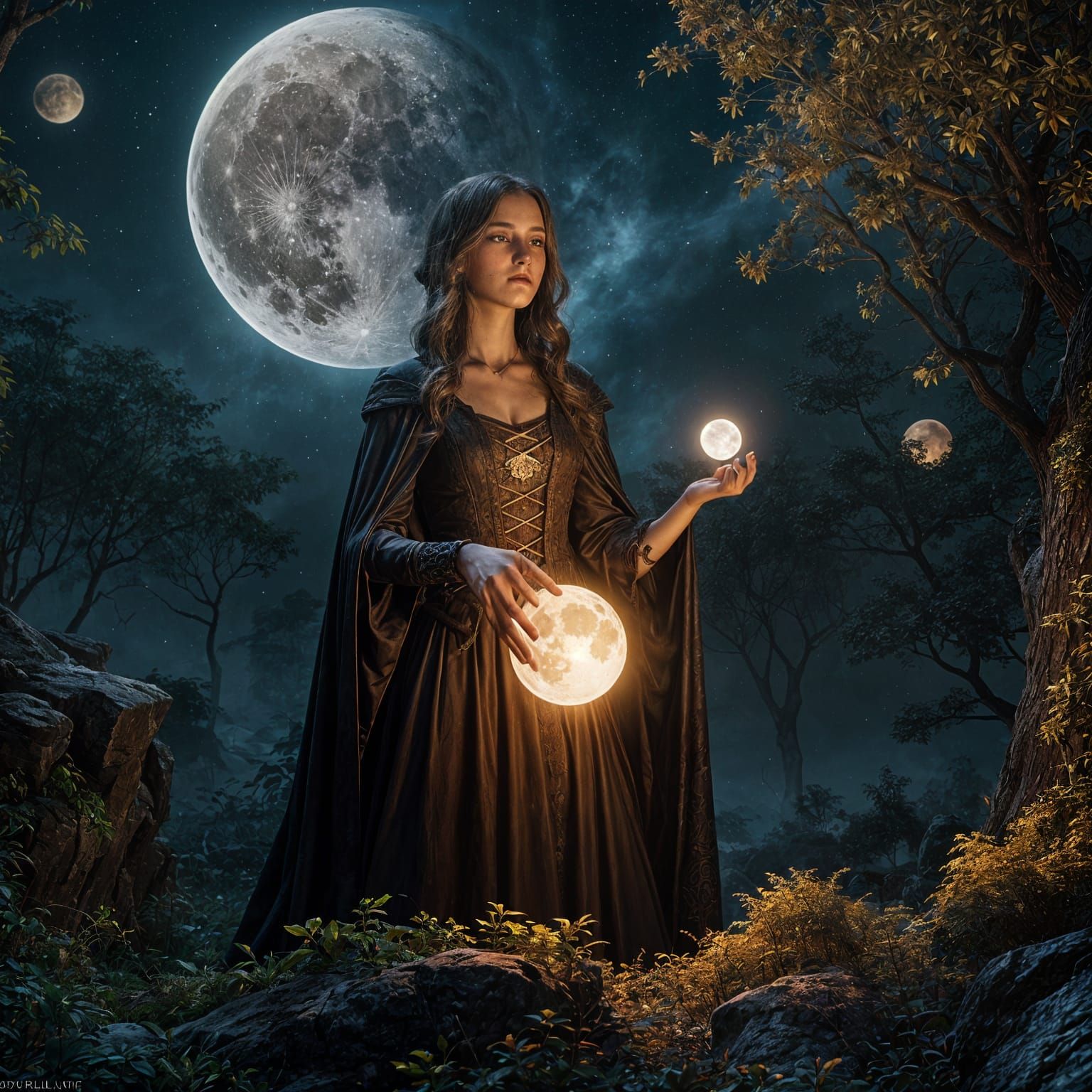 Young Witch Reciting Incantation Under Moon