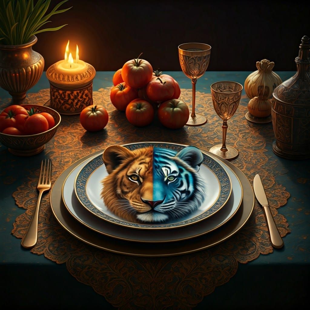 Lion and Tiger Cubs on China Plate, as Concept Art