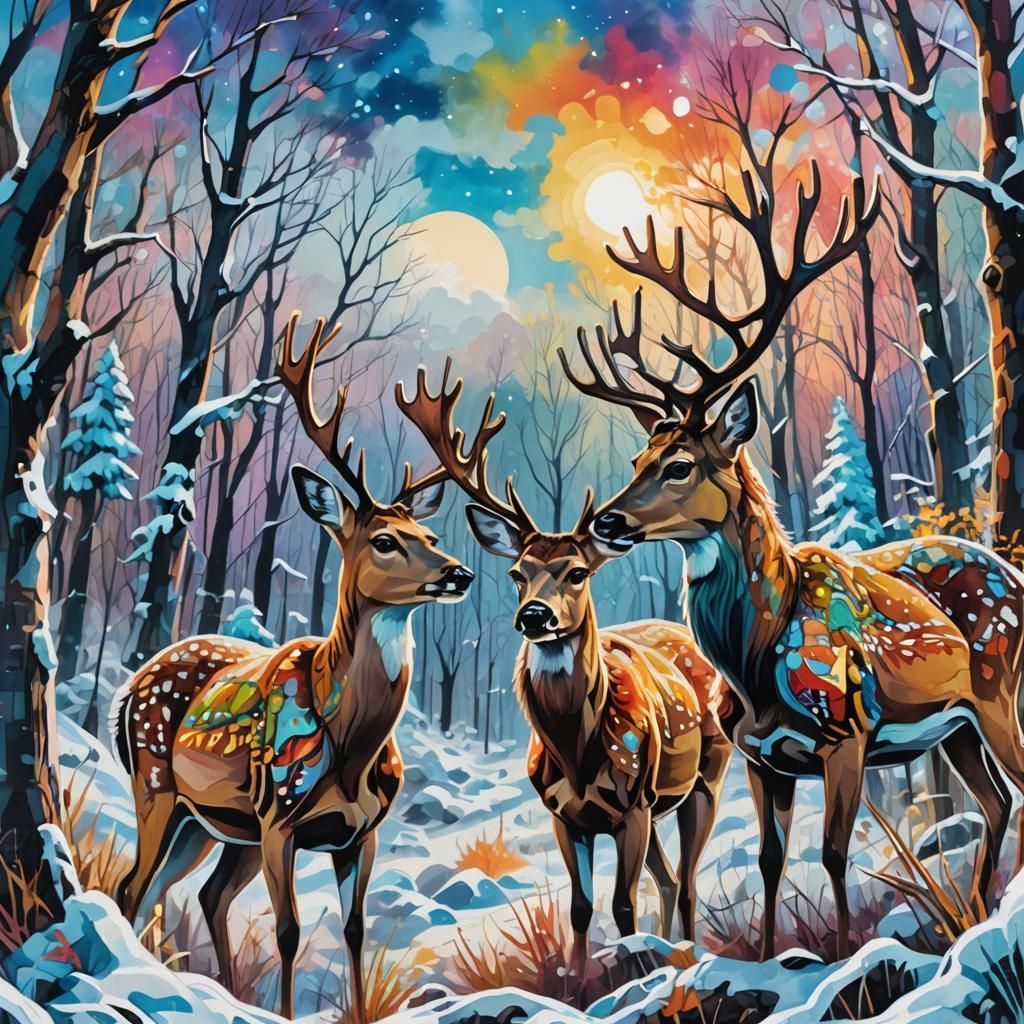 Deer in Winter Forest Graffiti Art