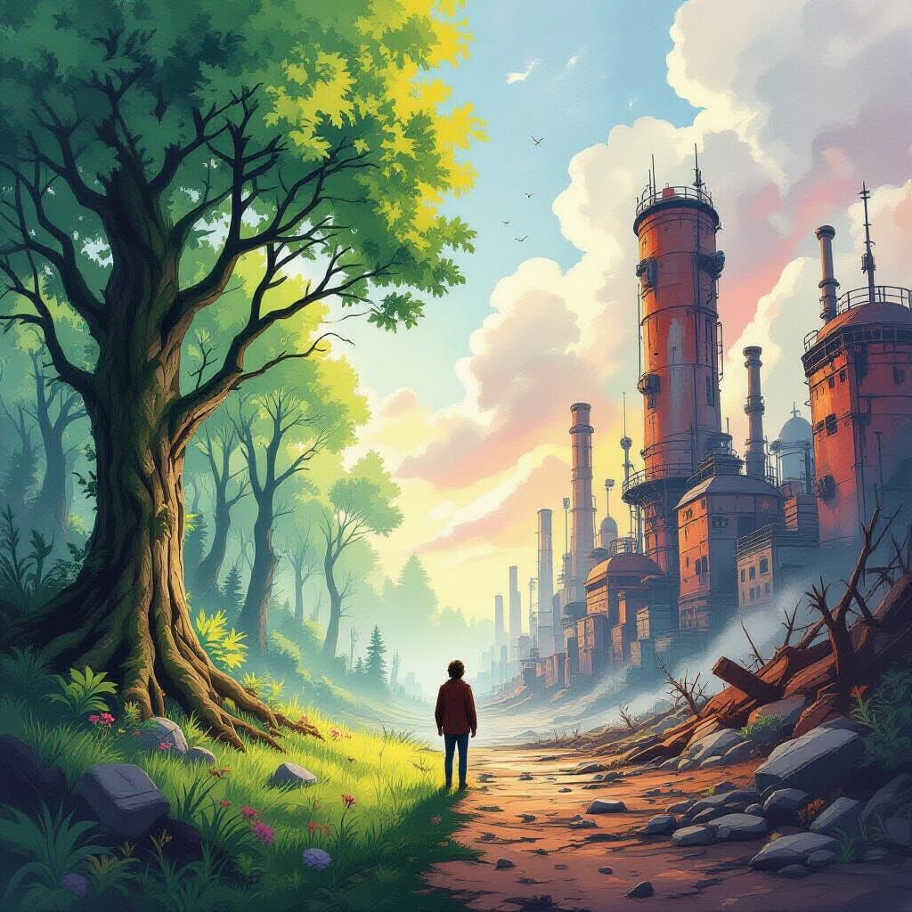 Contrasting Worlds: Watercolor Forest and Metallic Wasteland