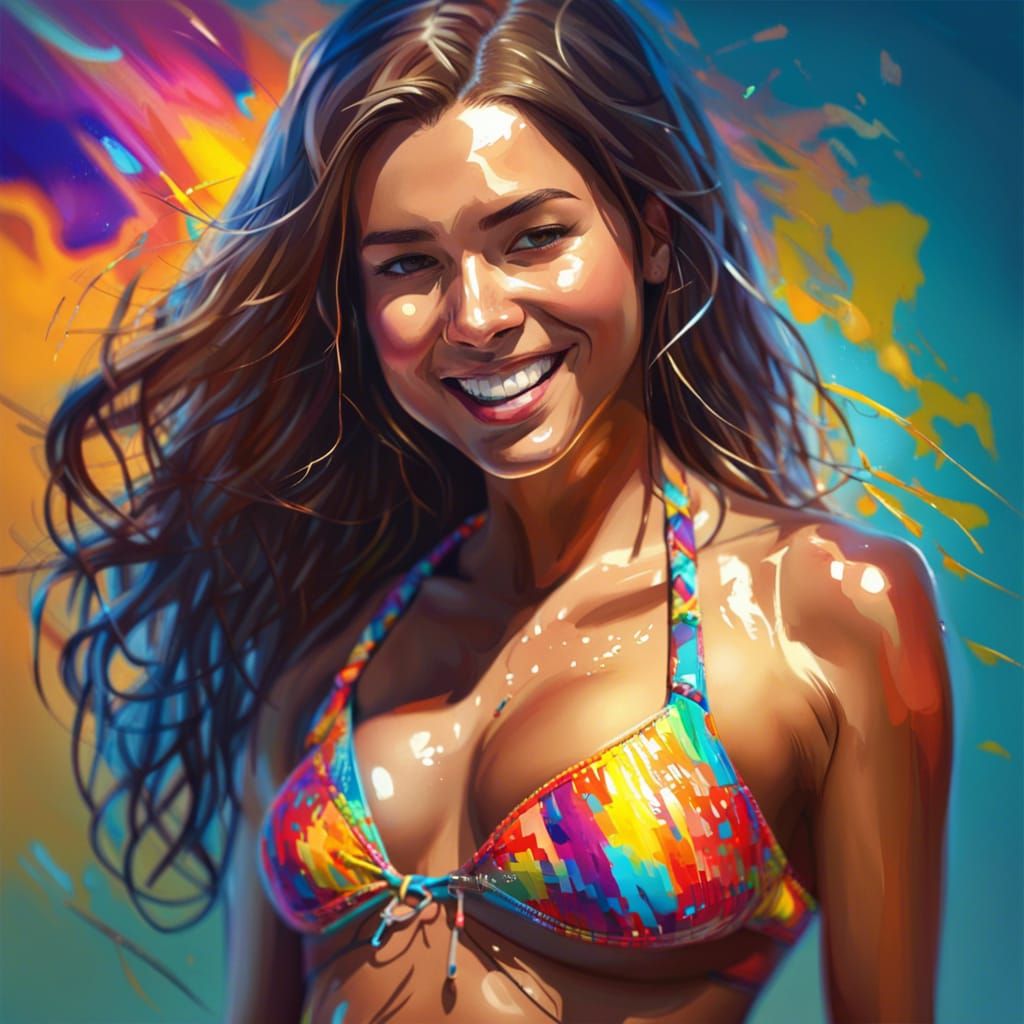 Smiling Girl in Bikini: Hyperrealistic Splash Art