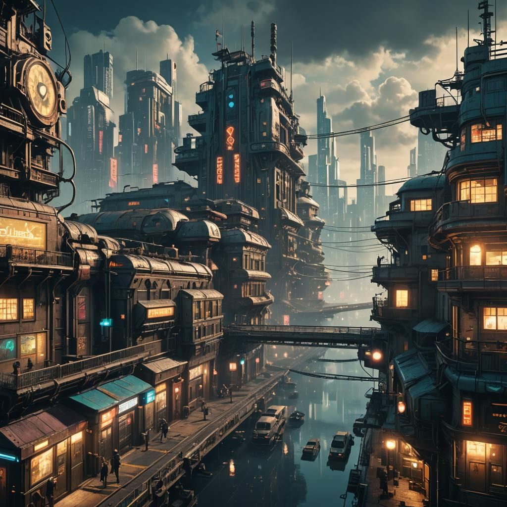 Night city from cyberpunk 2077 in the style of steam punk, early 19th century city of the future