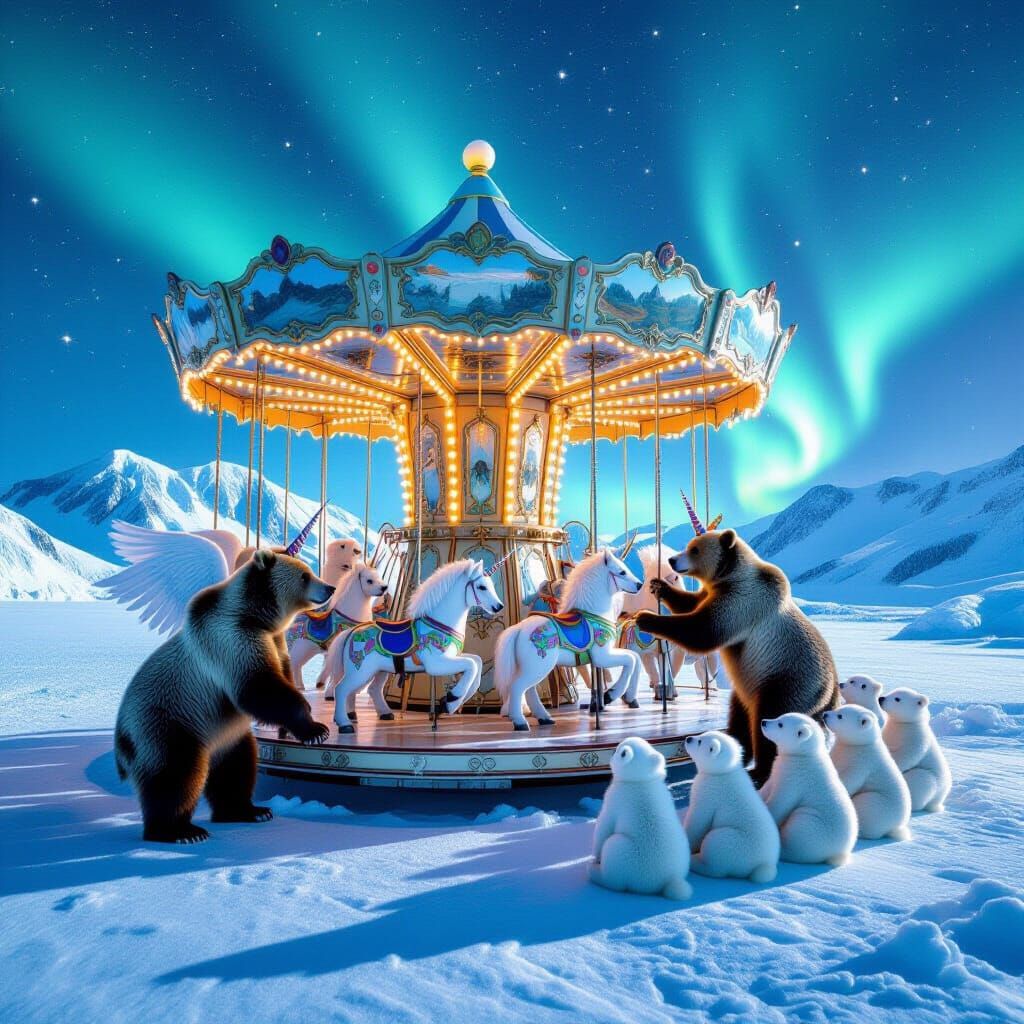 Whimsical Carousel with Mythical Bears Under Aurora Borealis