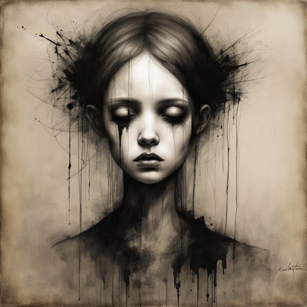 Melancholic Female Portrait in Dark Surrealist Style