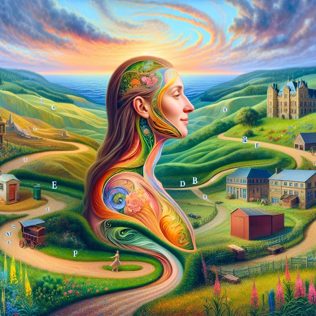 Hyper-Realistic Feminine Journey Through a Vibrant Landscape