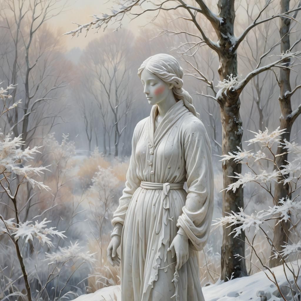 Marble Figure in Winter Landscape, Impressionism Style