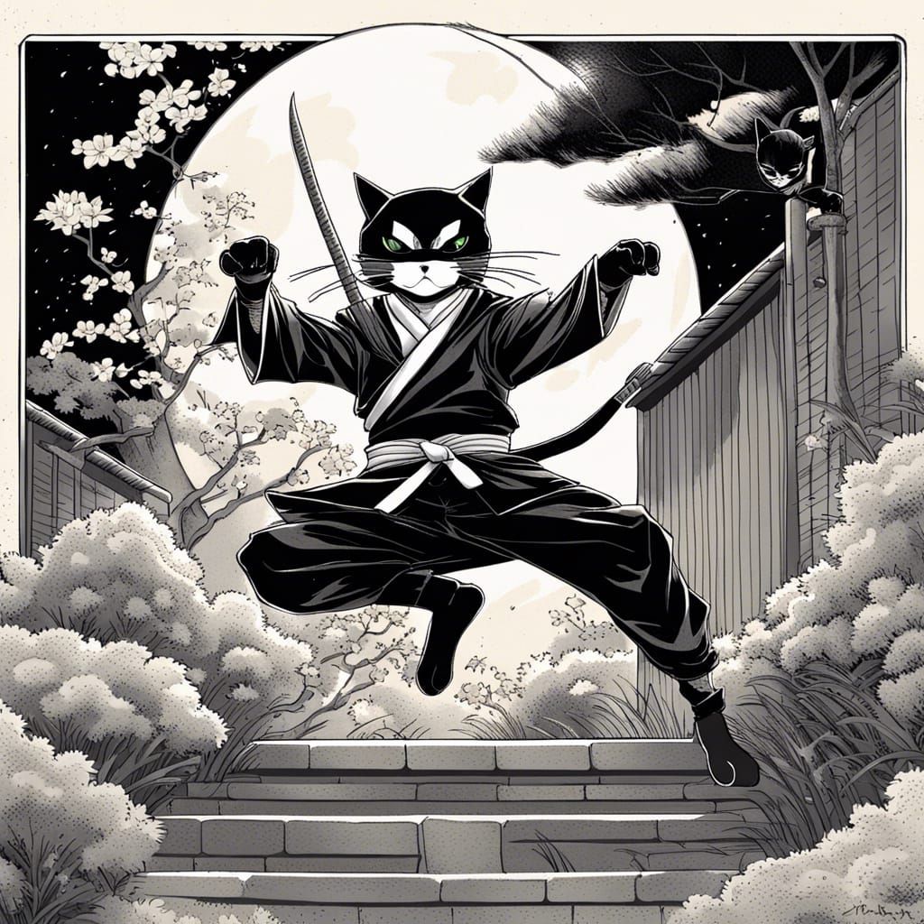 Ninja Cat Leaps into Battle: Manga Illustration