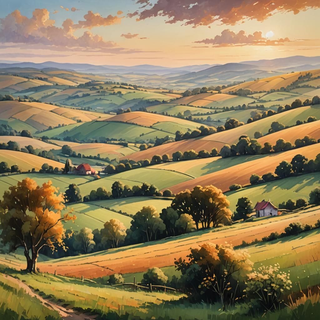 Golden Sunset Over Rolling Hills Oil Painting