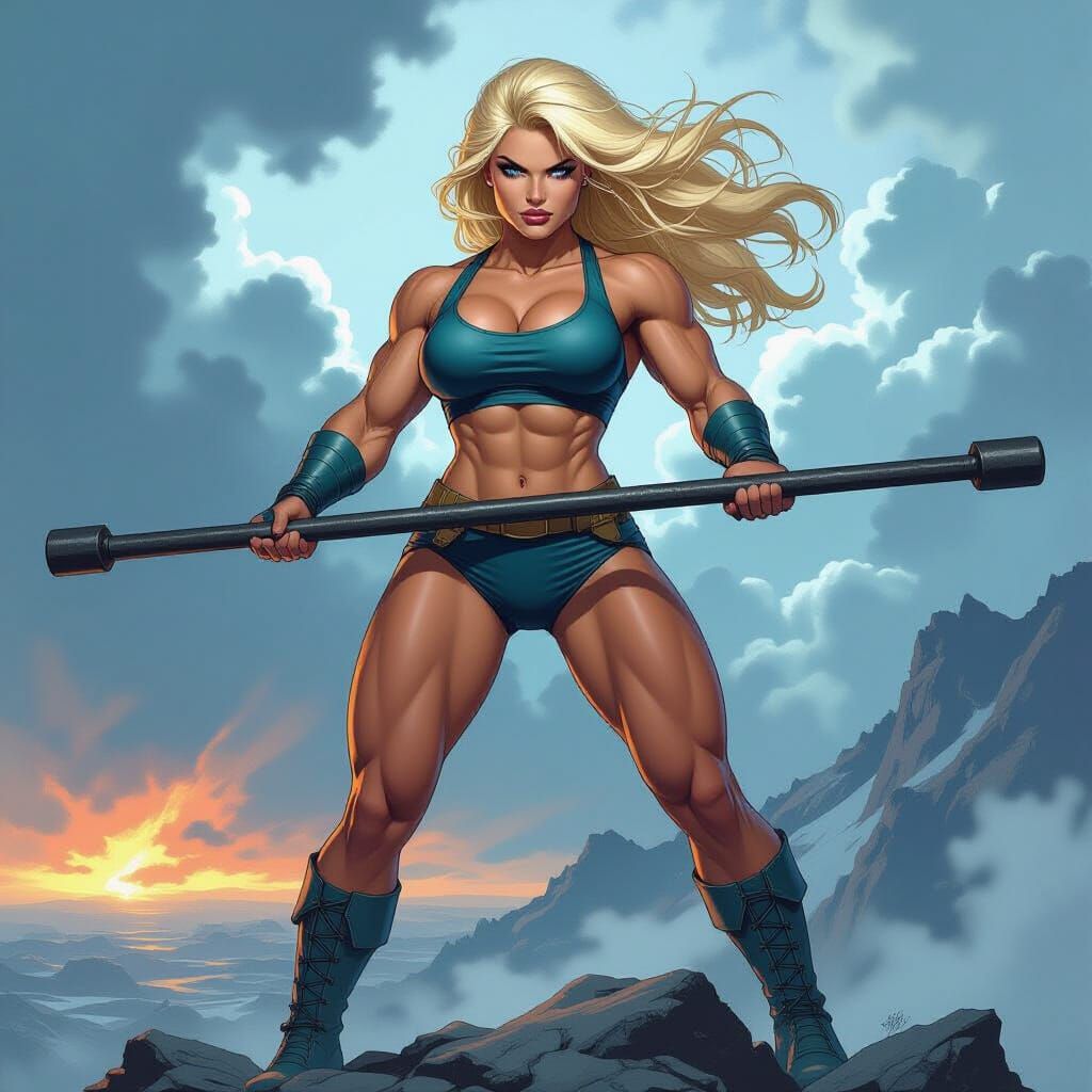 Colossal Blonde Woman Grips Iron Bar on Mountaintop
