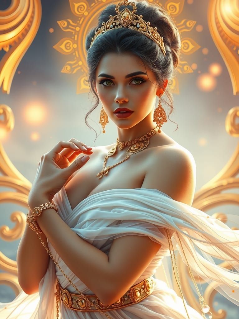 Radiant Goddess in Flowing Gown, Digital Art