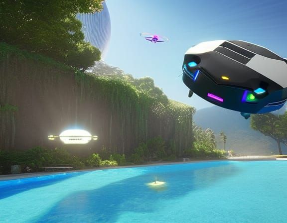 Dieselpunk Drone Soaring Over Infinite Swimming Pool