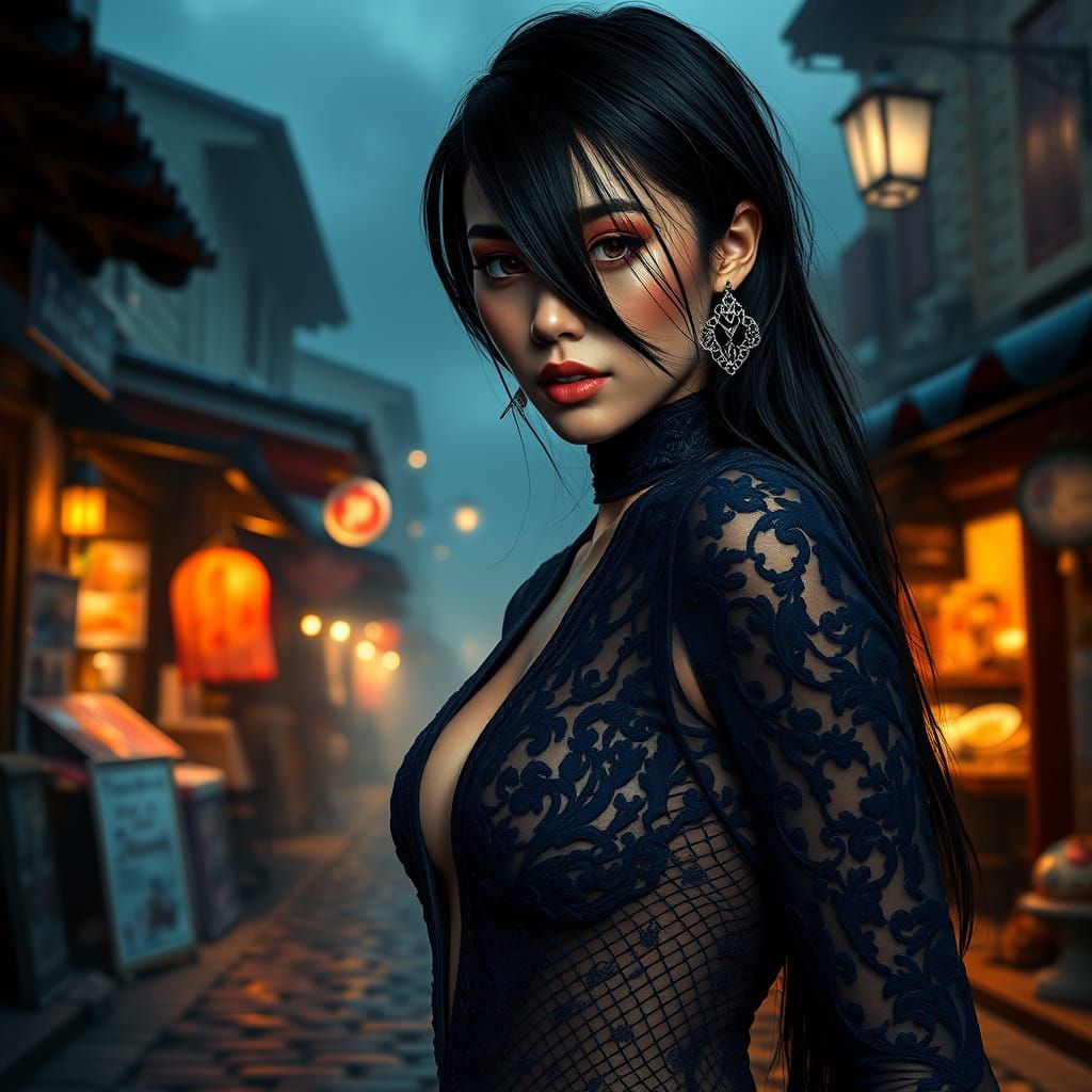 Brunette Model in Sheer Dress, Hyperrealistic Portrait