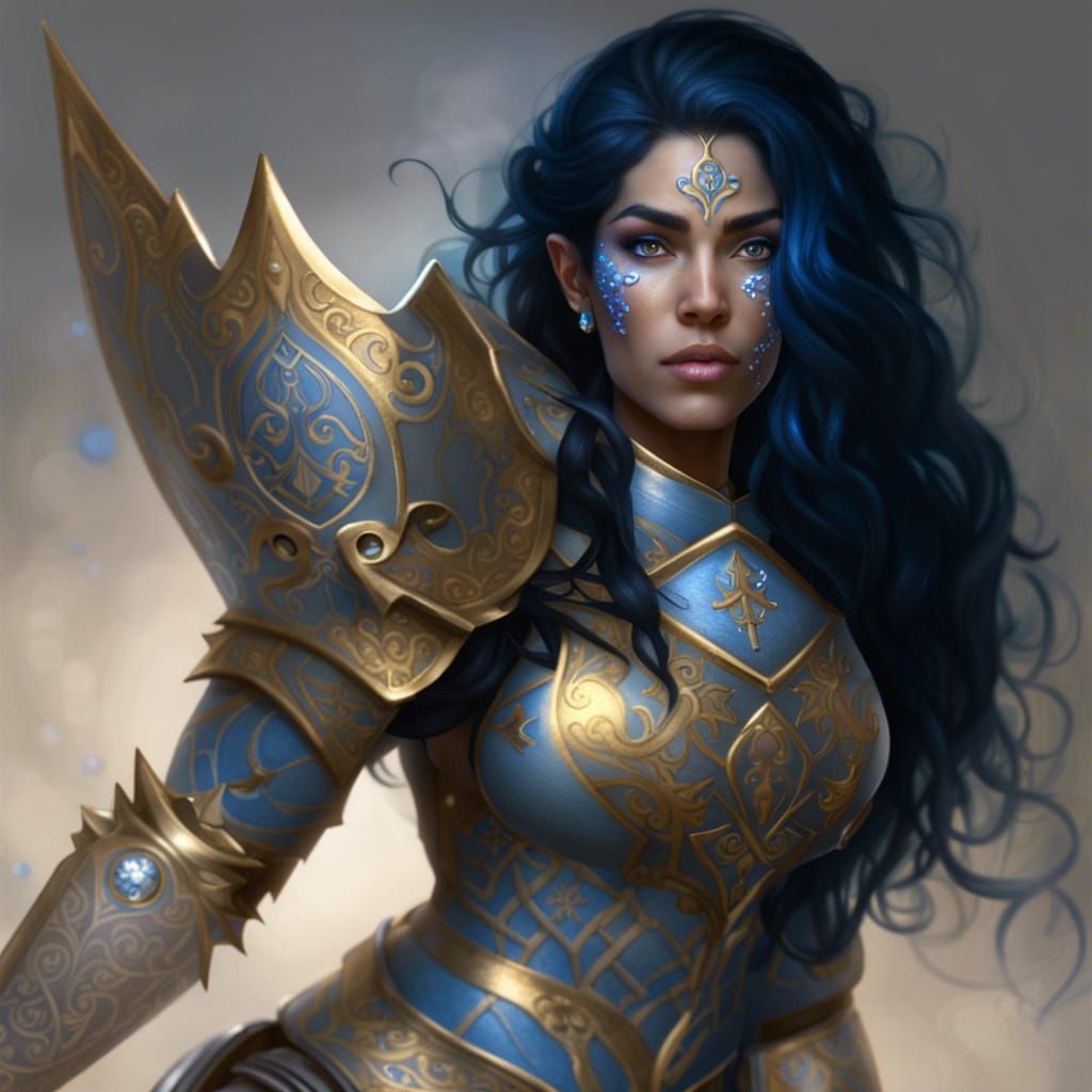 Blue-Skinned Paladin with Golden Tattoos in Ethereal Style
