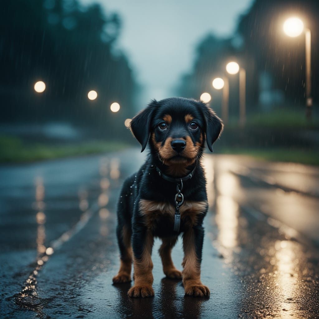 Little Puppy Stands Alone in Cinematic Rainy Atmosphere