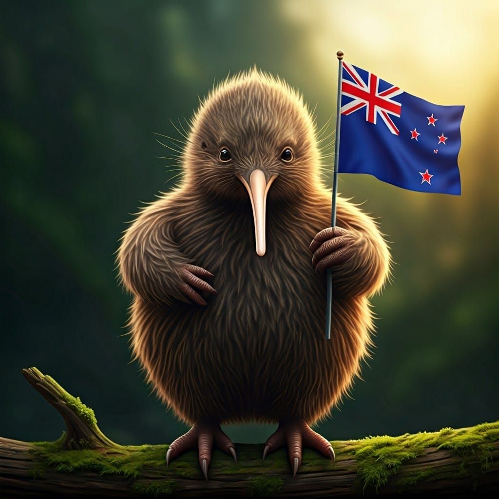 Kiwi Bird Waves New Zealand Flag with Pride