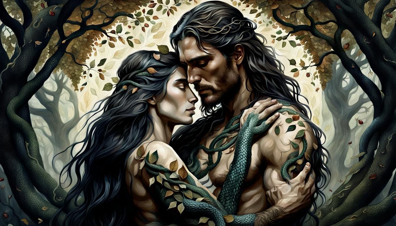 Ethereal Lovers Embrace Under Ancient Tree