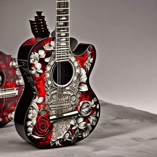 Hyperrealistic Rock Guitar with Skulls and Roses