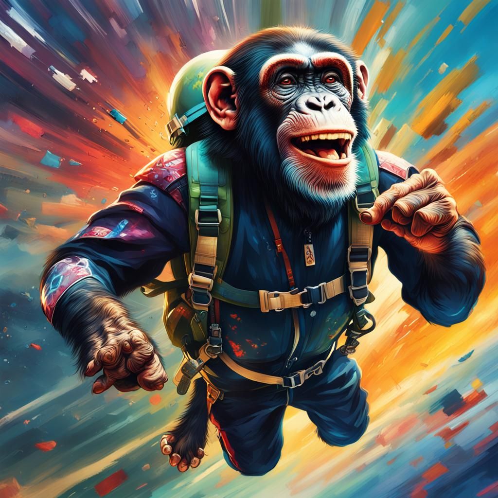 Chimpanzee Skydiving in Hyperdetailed Matte Painting