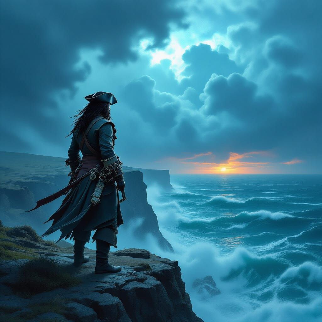 Lone Warrior Overlooking Alien Sea, Digital Art