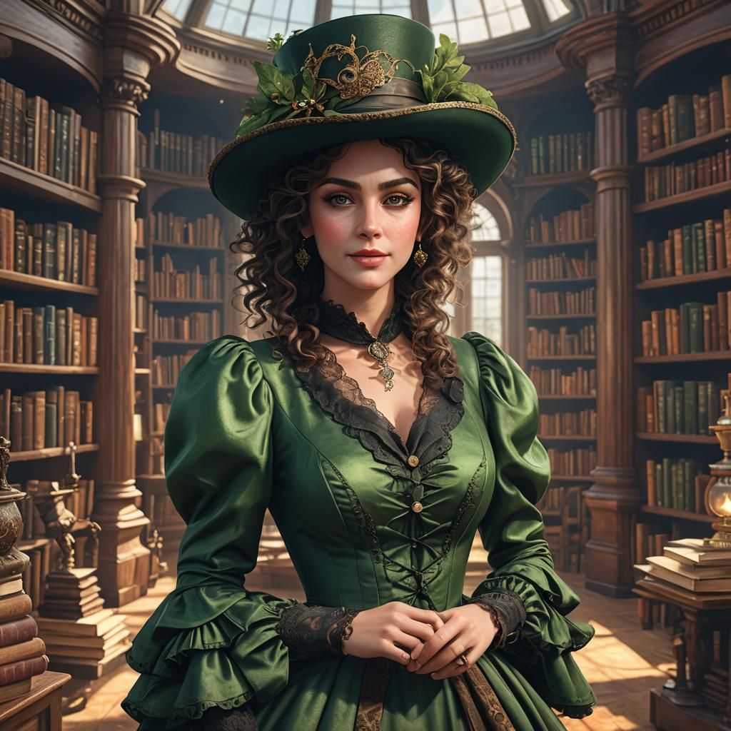 Victorian Woman in Library, Hyperrealistic 3D Rendering