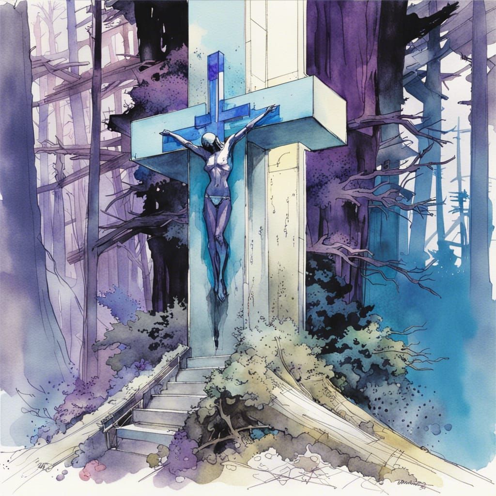 Futuristic Forest Shrine in Watercolor Sketch Style