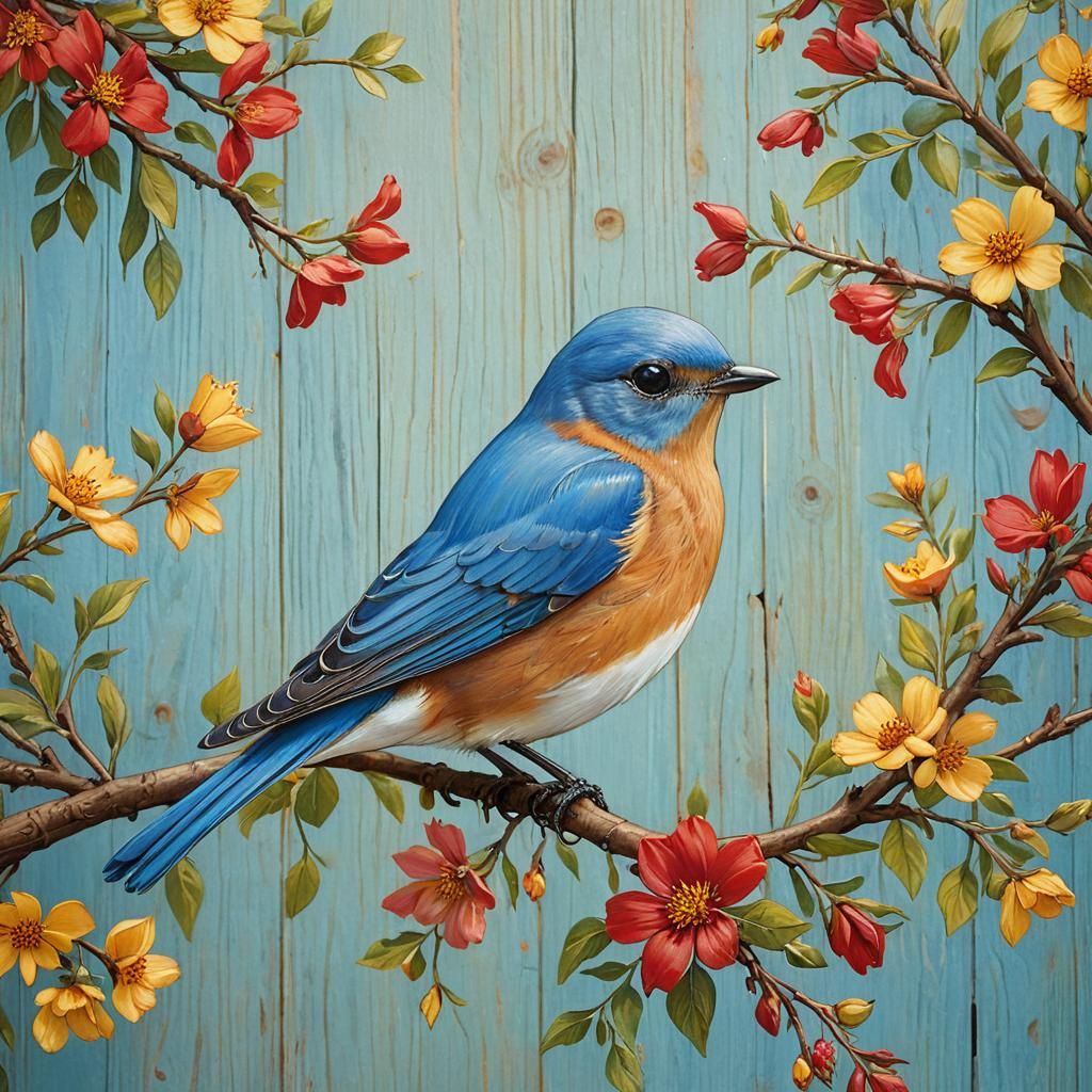 Bluebird with Flowers in Folk Art Style