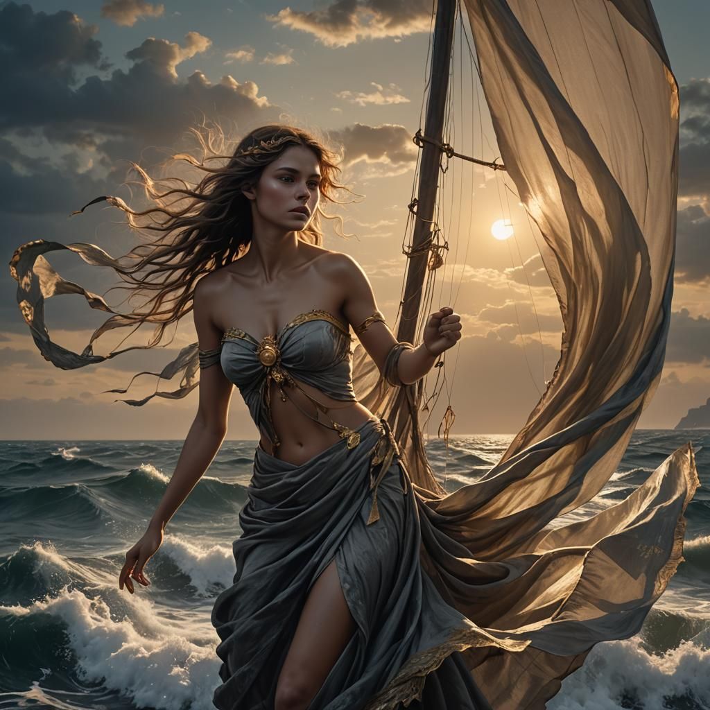 Woman Adrift at Sea in Dark Fantasy Style