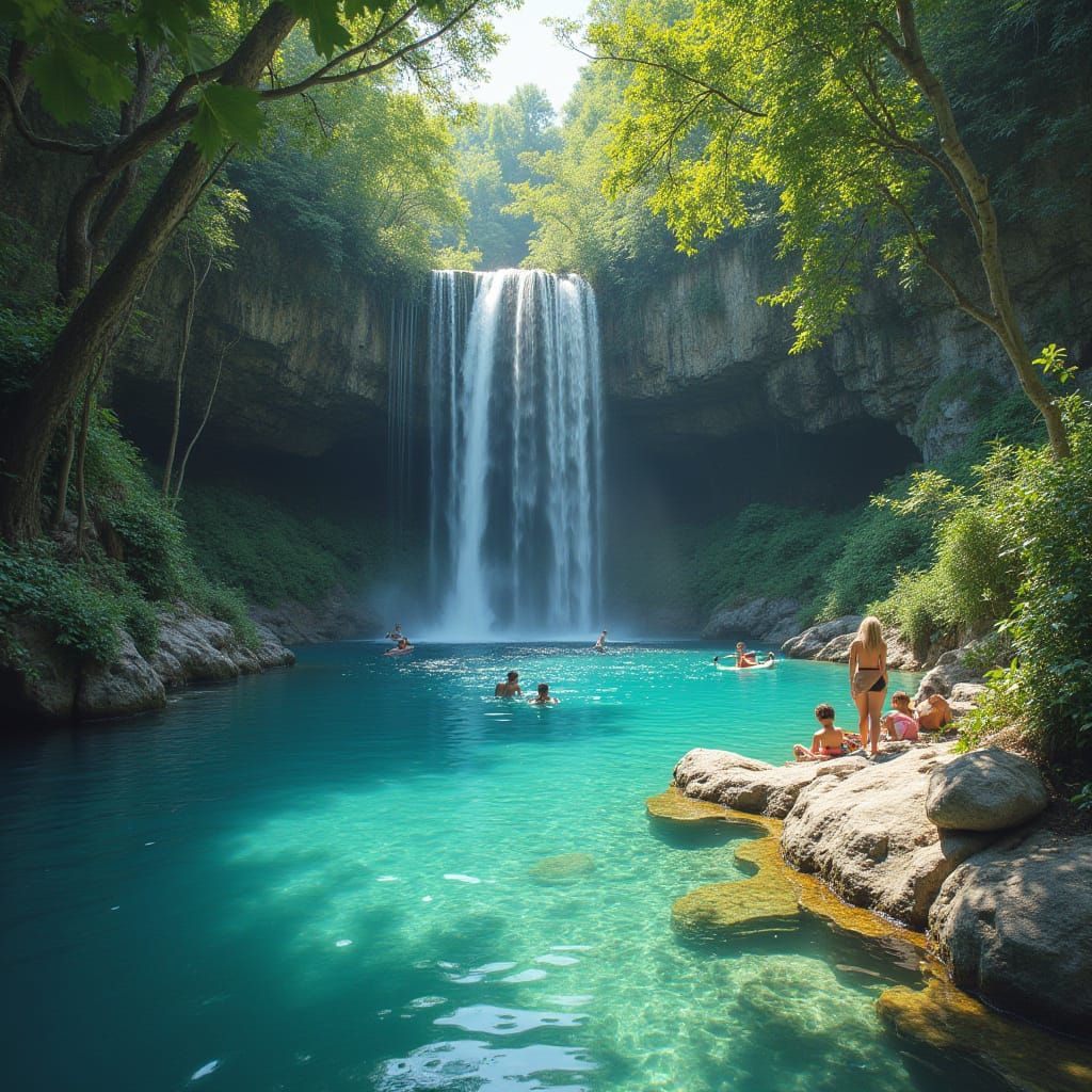 Tropical Paradise Waterfall in Impressionist Style