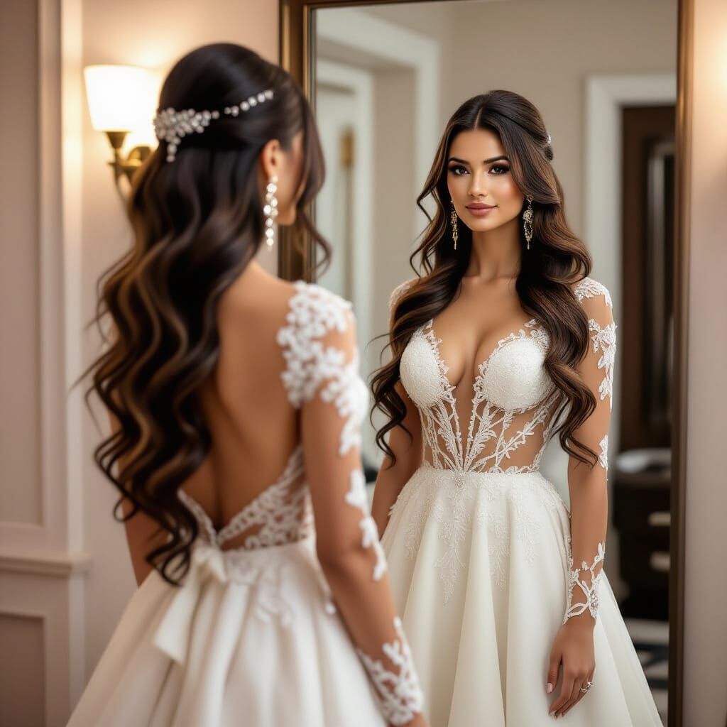 Elegant Woman with Long Dress Before Mirror