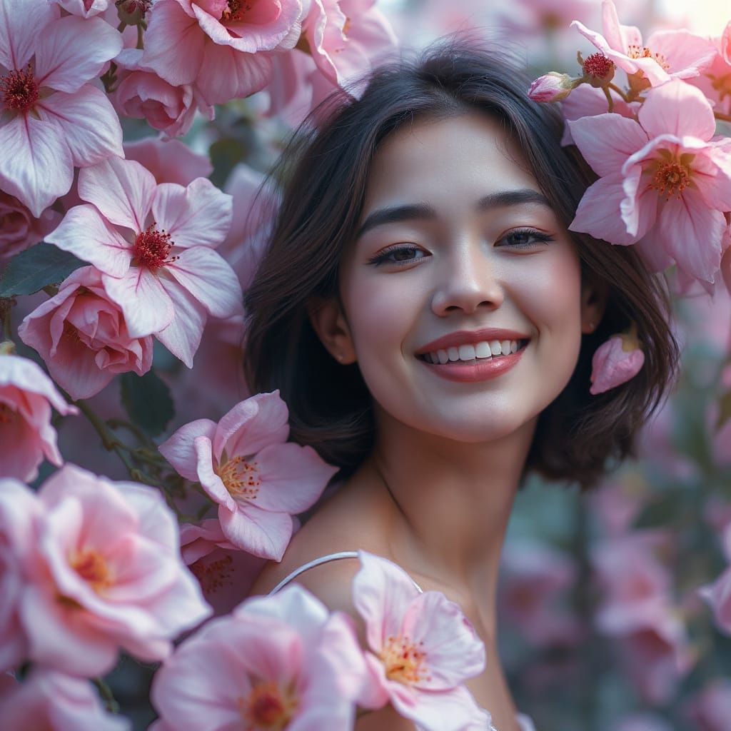 Woman Surrounded by Flowers in Dreamlike Digital Art