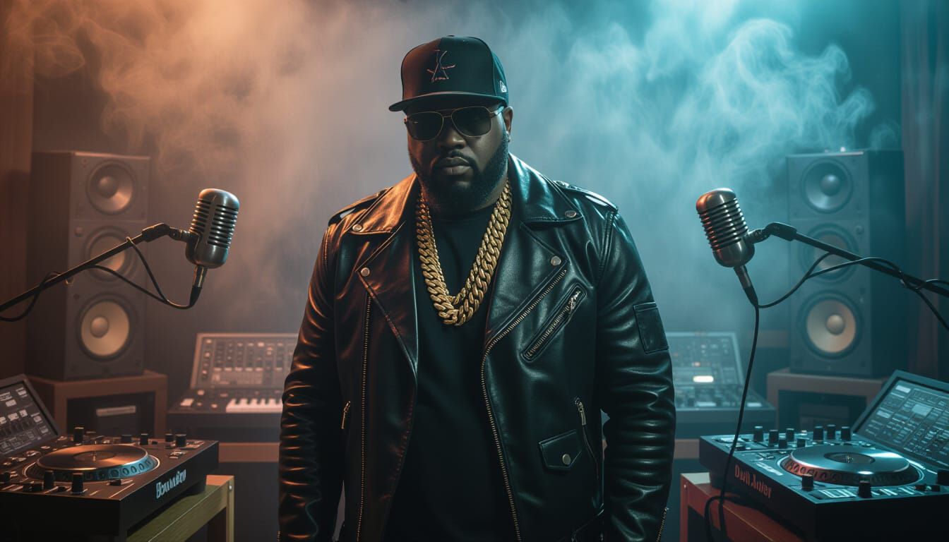 Gritty Rapper in Dim Studio with Vintage Equipment