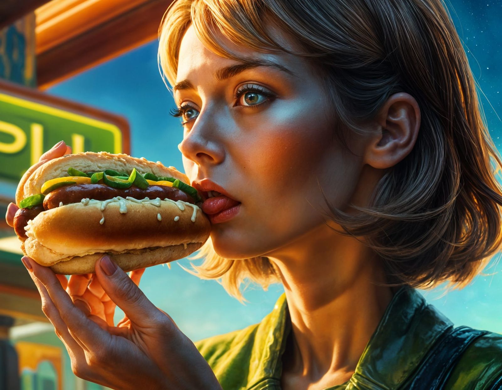 Woman Holds Pickle in Bun: Fantasy Concept Art