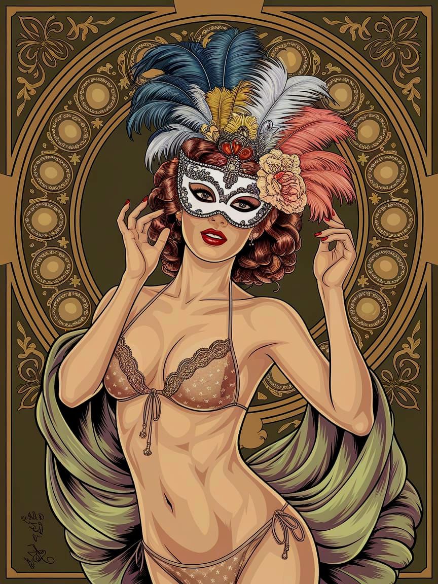 Baroque Masked Woman: Art Nouveau Digital Art