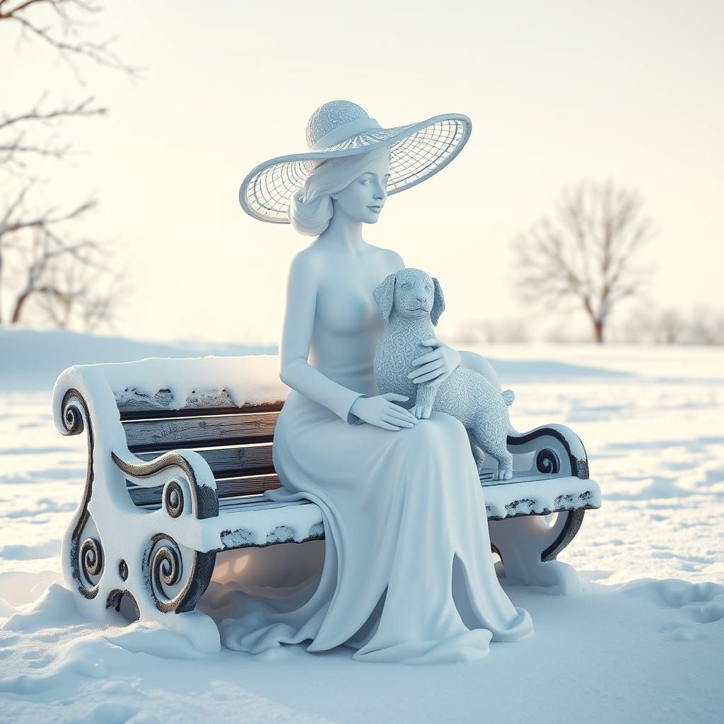 Elegant Snow Lady in Hat with Dog in Full Growth
