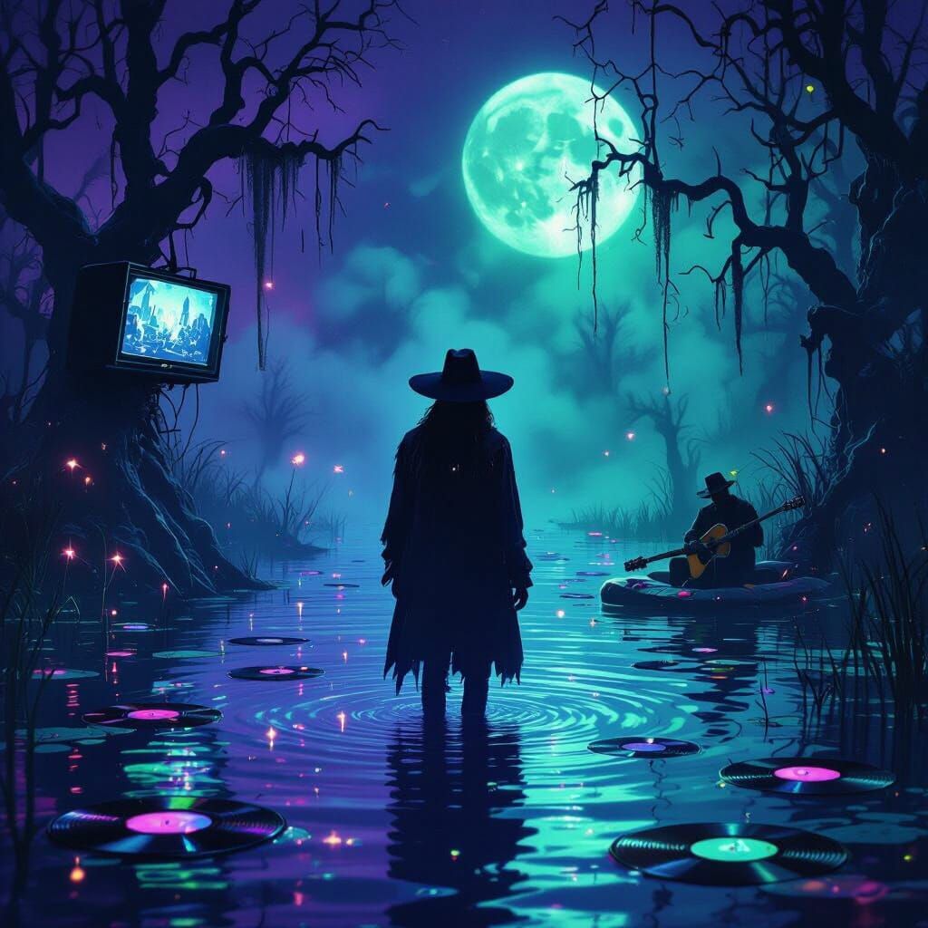 Surreal Swamp at Night with Spectral Guitarist