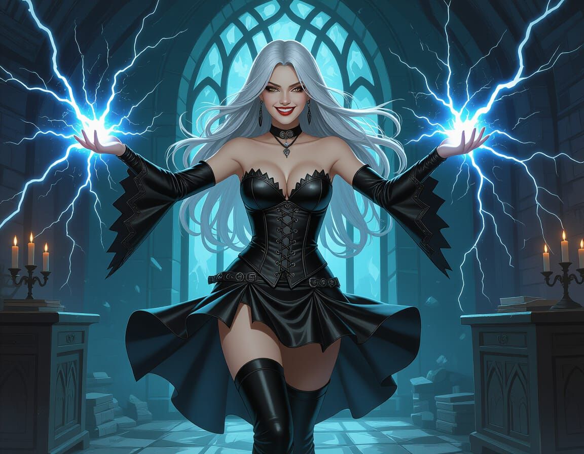 Stunning Witch Unleashing Lightning in Spell Room