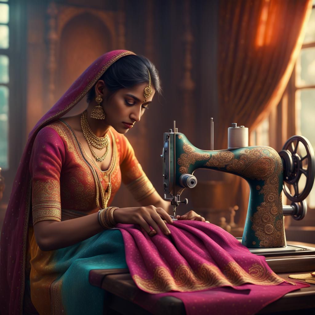 Realistic Indian Girl Sewing in Traditional Dress
