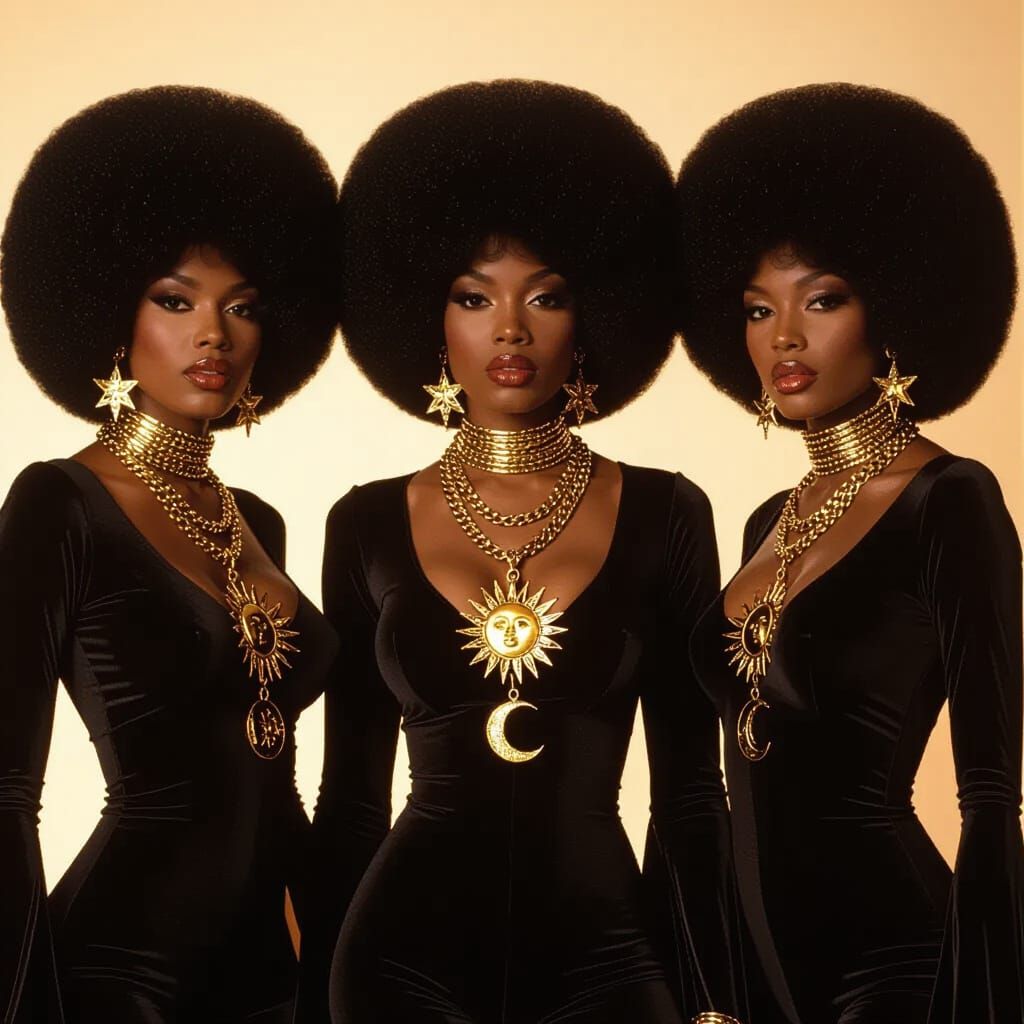 Three Stylish Women in 70s Bell-Bottoms with Gold Jewelry