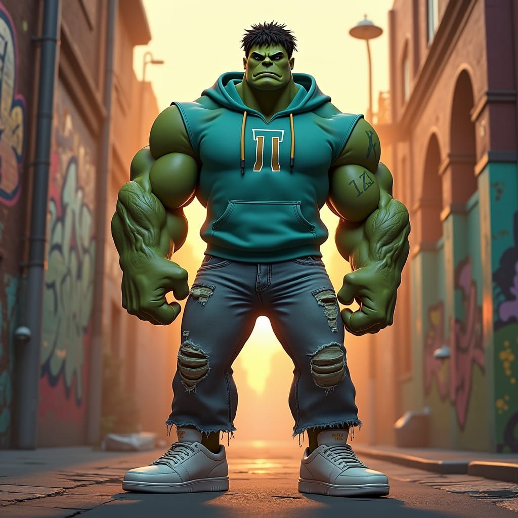 Hulk with Pi Logo in Urban Setting, Dark Fantasy
