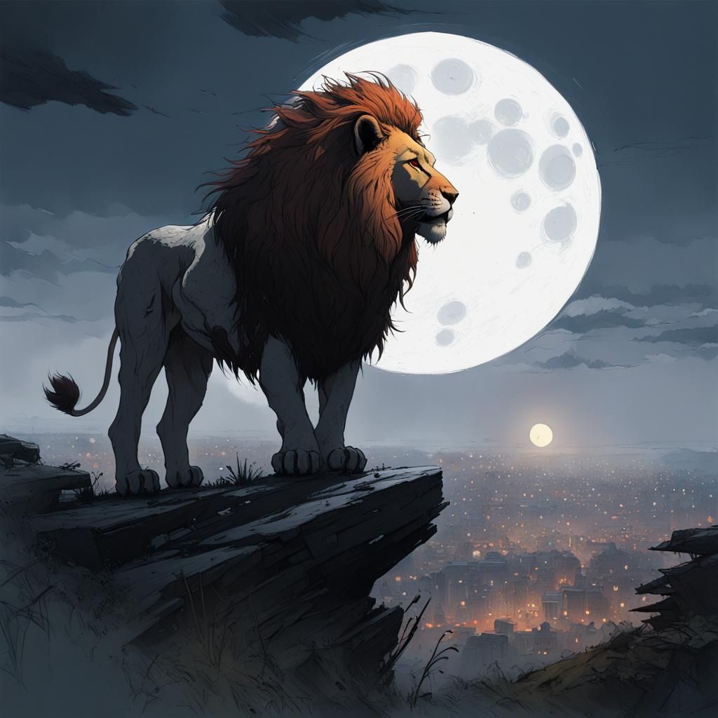 Dark Lion Gazing at the Moon: Digital Illustration