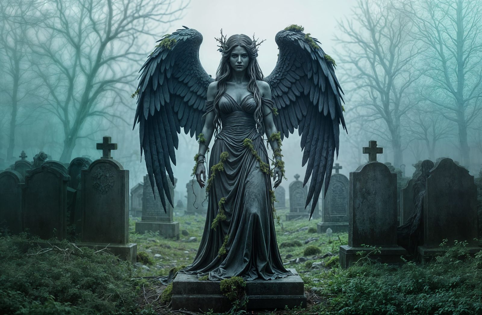 Weeping Angel in Foggy Graveyard