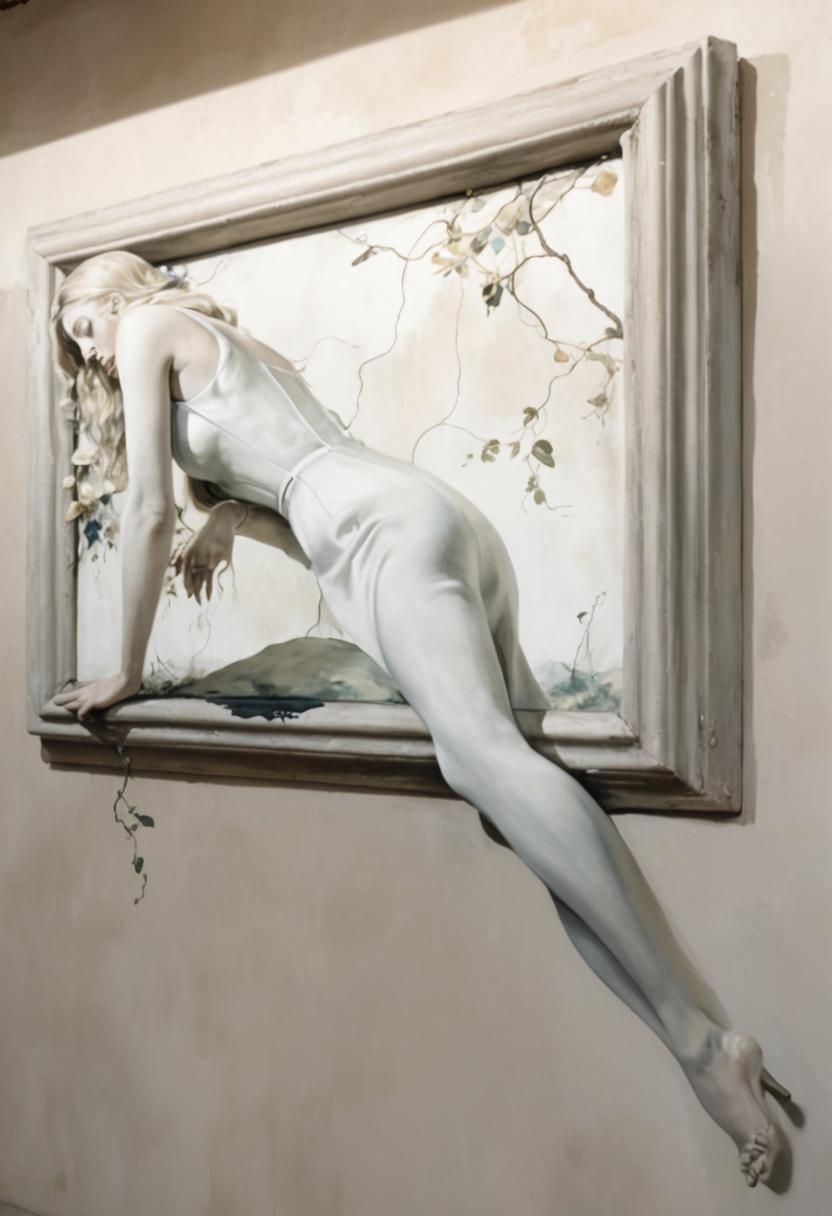 Girl Emerges from Surreal Painting in Dreamlike Style