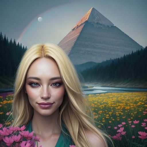 Radiant Woman in Colorful Landscape, Hyperrealism Portrait