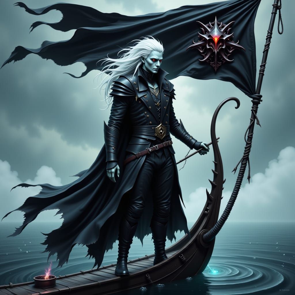 Drow Pirate Captain on Bow of Ship in Digital Painting