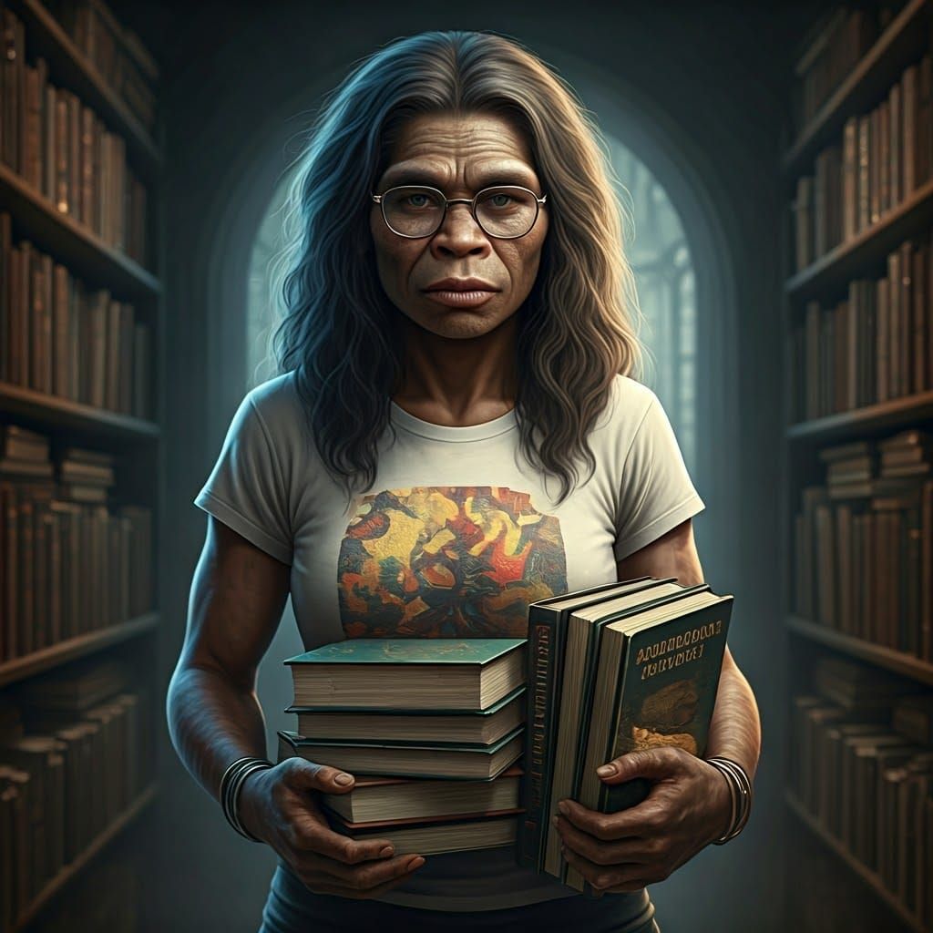 Savagely Intelligent Neanderthal Scholar in Futuristic Libra...