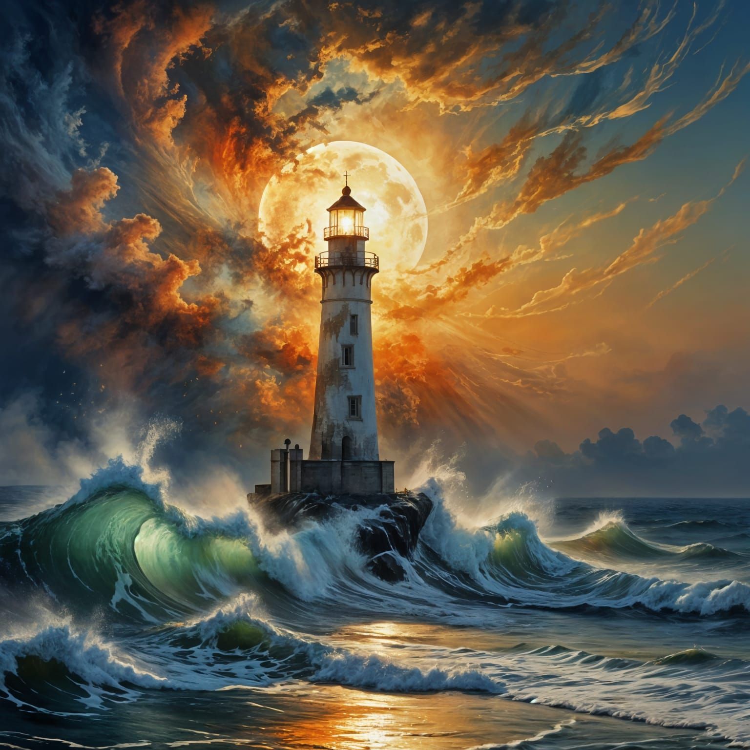 Impressionnisme. Plan moyen. Un phare se dresse au bord de la mer. Plan moyen. Style aquarelle. Clair de lune doux sur l...